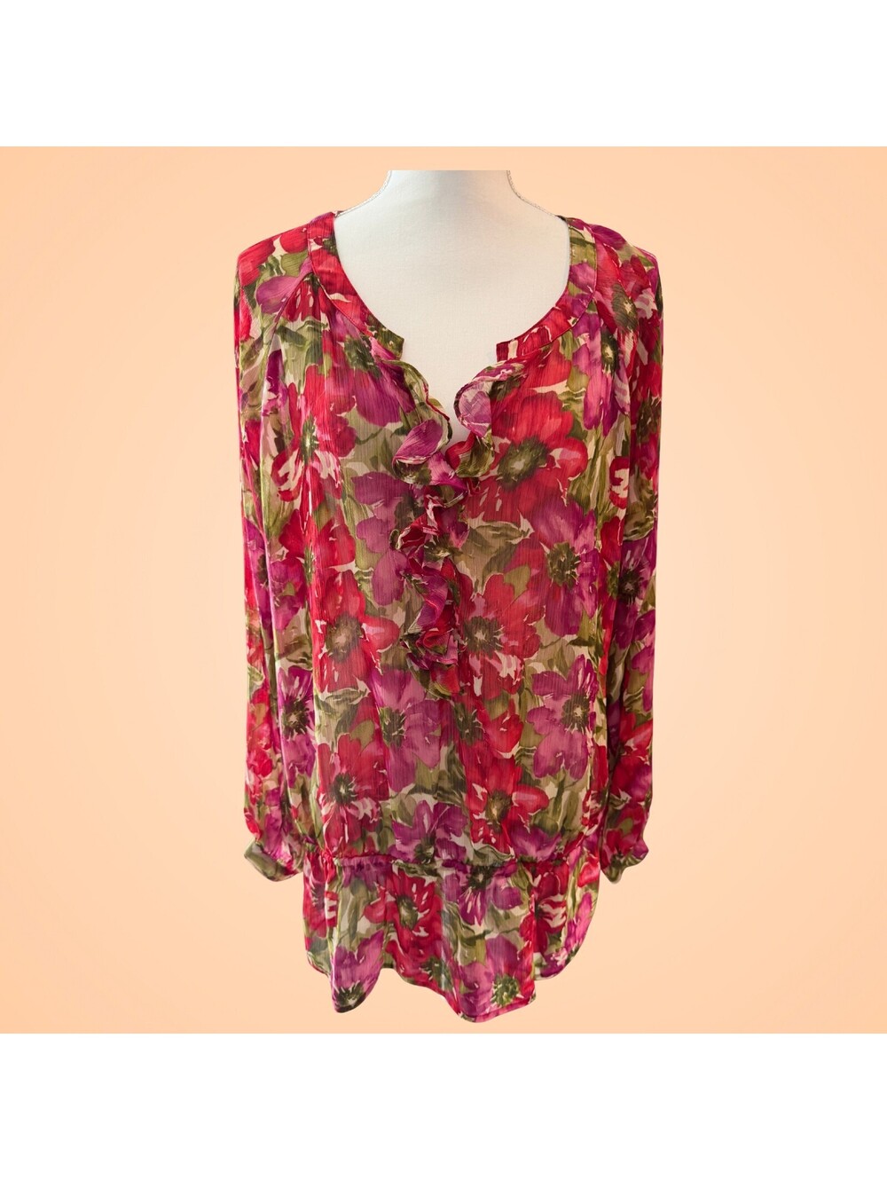 Jones New York Womens 2X Pink Floral Ruffle Front Long Sleeve Peasant Blouse